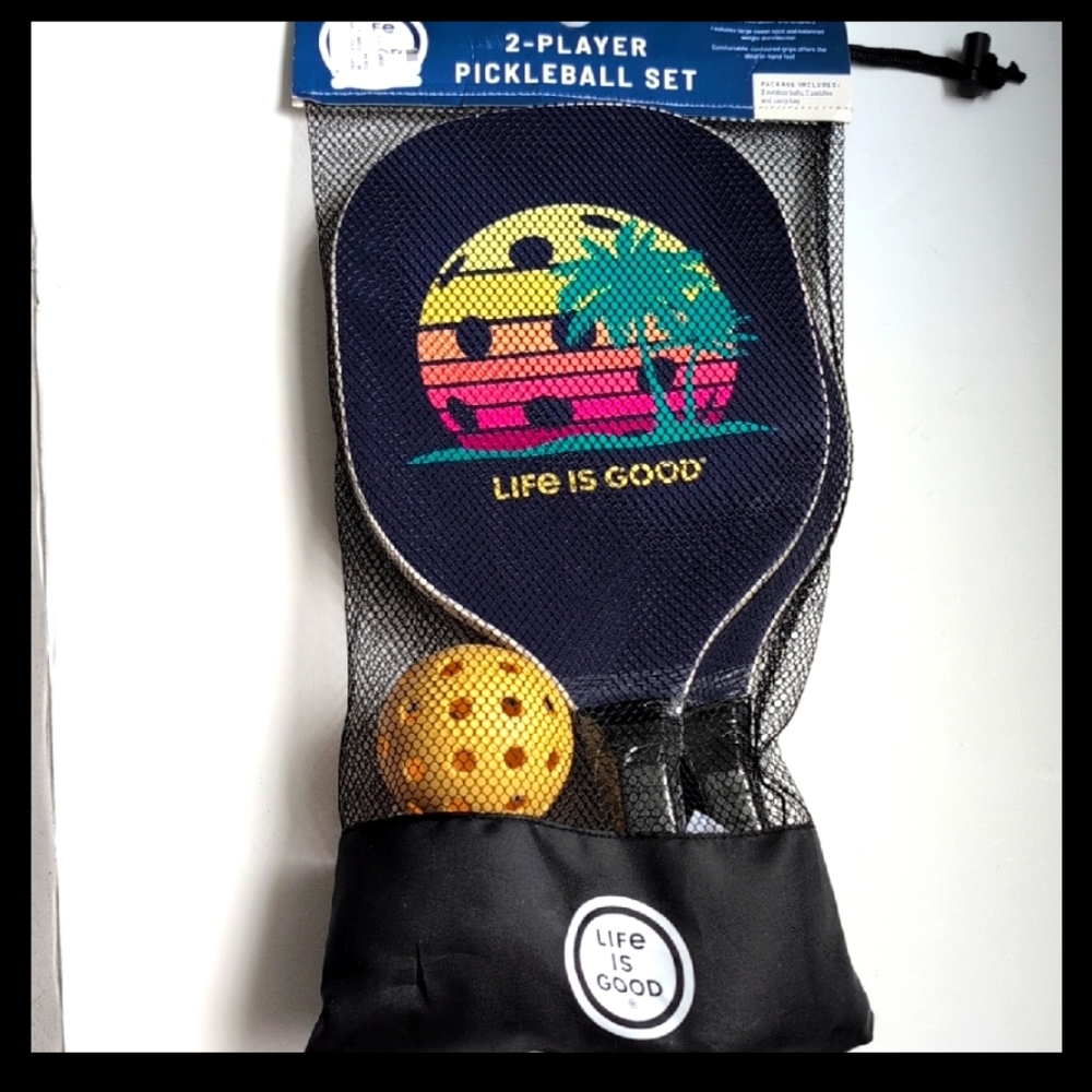 Life is Good Pickleball Set Palm Tree Design 2 Paddles 2 Balls & Bag